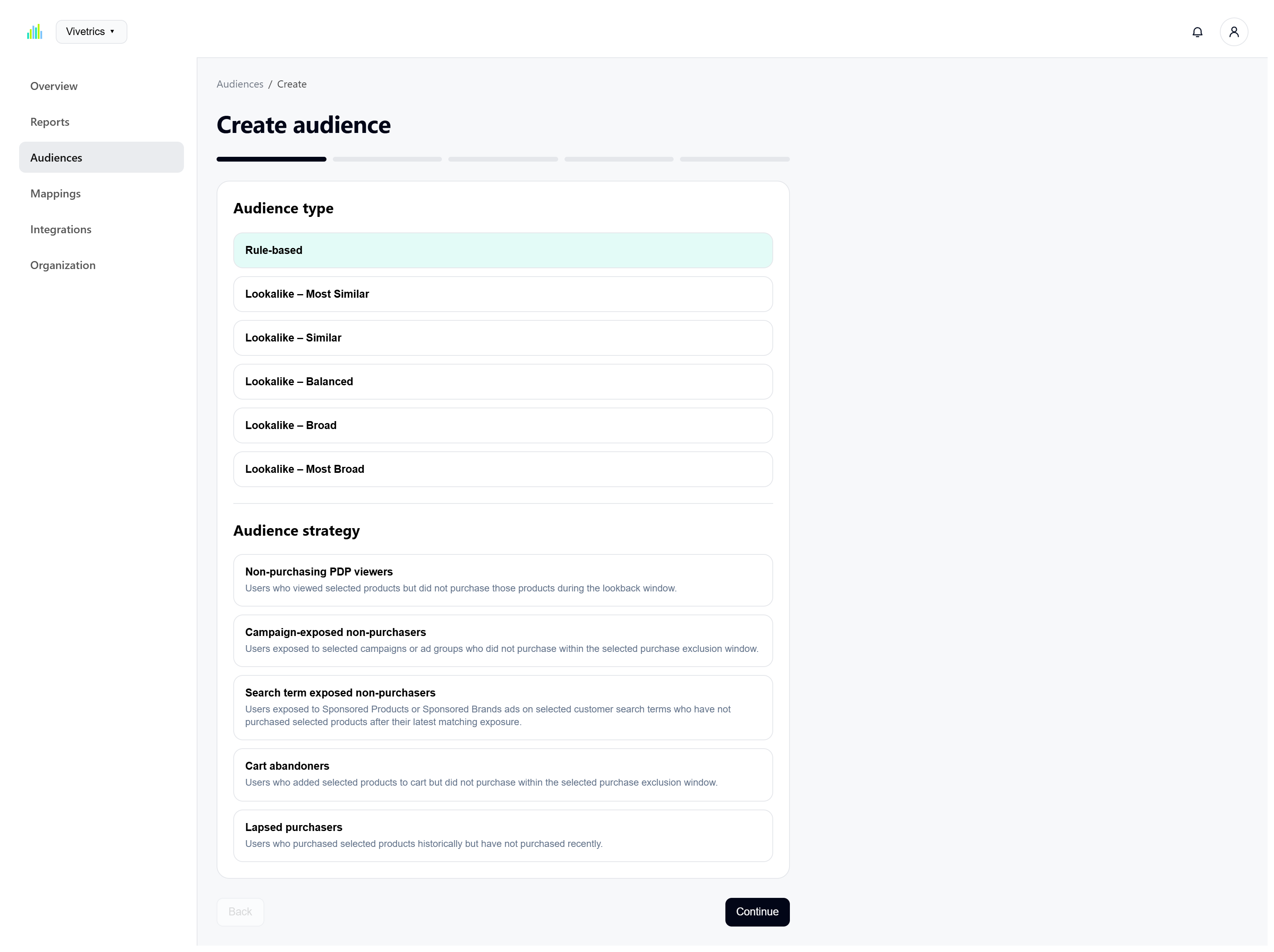 Vivetrics audience creation workflow showing rule-based and lookalike audience types and available audience strategies.